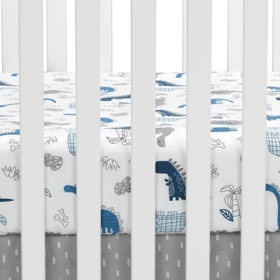Lambs & Ivy Baby Dino 100% Cotton Blue/White/Gray Dinosaur Fitted Crib Sheet 2 Lambs & Ivy Baby Dino 100% Cotton Blue/White/Gray Dinosaur Fitted Crib Sheet - Image 2