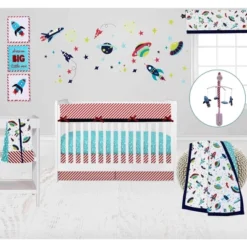 Bacati - Airspace Aqua Navy Green Red 10 Pc Crib Bedding Set With Long Rail Guard Cover