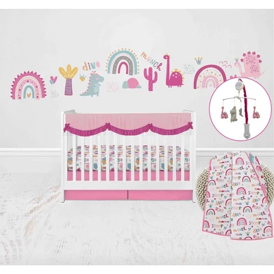 Bacati - Little Dino Girls Fuchsia/Aqua Muslin 6 Pc Crib Bedding Set With Crib Musical Mobile 1 Bacati - Little Dino Girls Fuchsia/Aqua Muslin 6 Pc Crib Bedding Set With Crib Musical Mobile