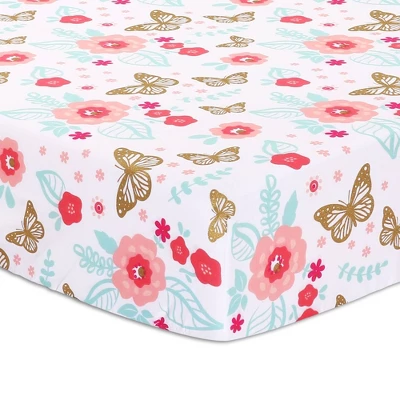 The Peanutshell Aflutter Baby Crib Bedding Set, Pink Floral/Butterfly - 3pc 2 The Peanutshell Aflutter Baby Crib Bedding Set, Pink Floral/Butterfly - 3pc - Image 2