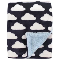 Hudson Baby Infant Boy Plush Blanket With Faux Shearling Back, Navy Clouds, One Size