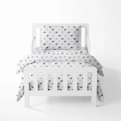 Bacati - Little Sailor Girls Whales/Boats Muslin 4 Pc Toddler Bedding Set