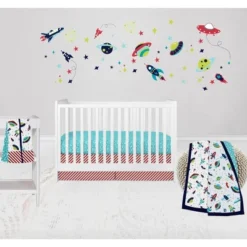 Bacati - Airspace Aqua Navy Green Red 6 Pc Crib Bedding Set With Long Rail Guard Cover