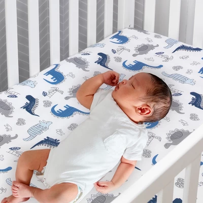 Lambs & Ivy Baby Dino 100% Cotton Blue/White/Gray Dinosaur Fitted Crib Sheet 1 Lambs & Ivy Baby Dino 100% Cotton Blue/White/Gray Dinosaur Fitted Crib Sheet