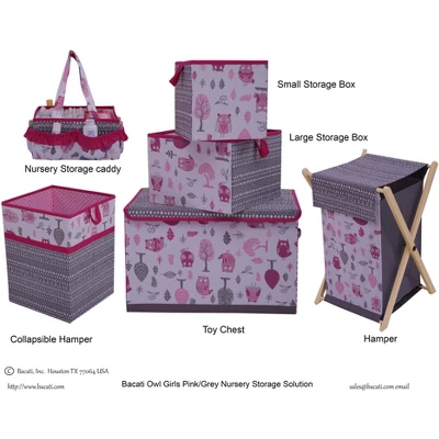 Bacati - Owls Pink/Gray Girls Laundry Hamper With Wooden Frame 2 Bacati - Owls Pink/Gray Girls Laundry Hamper With Wooden Frame - Image 2