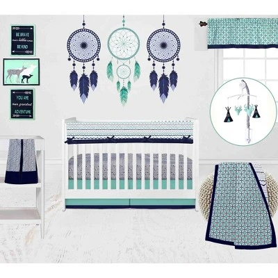 Bacati - Noah Mint Navy 10 Pc Crib Bedding Set With Long Rail Guard Cover 1 Bacati - Noah Mint Navy 10 Pc Crib Bedding Set With Long Rail Guard Cover