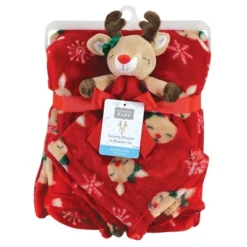 Hudson Baby Infant Girls Plush Blanket With Security Blanket, Girl Holiday Reindeer, One Size