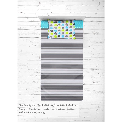 Bacati - Elephants Aqua Lime Gray 3 Pc Toddler Bed Sheet Set 3 Bacati - Elephants Aqua Lime Gray 3 Pc Toddler Bed Sheet Set - Image 3