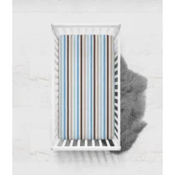 Bacati - Pin Stripes Printed Aqua Teal Beige Chocolate 100 Percent Cotton Universal Baby US Standard Crib Or Toddler Bed Fitted Sheet -Roommates Nursery Outlet Store GUEST 6cbfbed7 12c3 46ee a781 8c776845247f