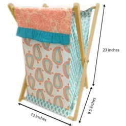 Bacati - Sophia Paisley Aqua/Coral Laundry Hamper With Wooden Frame