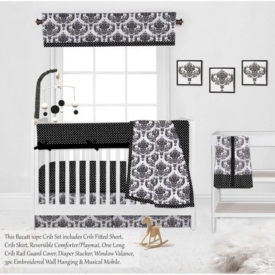 Bacati - Classic Damask Black/Grey/White 10 Pc Crib Bedding Set With Long Rail Guard Cover 3 Bacati - Classic Damask Black/Grey/White 10 Pc Crib Bedding Set With Long Rail Guard Cover - Image 3