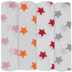 Bacati - Stars Girls Swaddling Muslin Blankets Of 4 (Pink, Orange,Red,Gray) -Roommates Nursery Outlet Store GUEST af1454a4 87cb 4e2a 95a1 16c276f10104