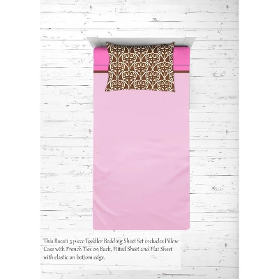 Bacati - Damask Pink Chocolate 3 Pc Toddler Sheet Set 3 Bacati - Damask Pink Chocolate 3 Pc Toddler Sheet Set - Image 3