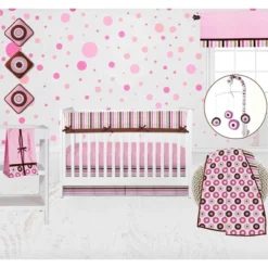 Bacati - Mod Dots Stripes Pink Fuschia Beige Chocolate 10 Pc Crib Bedding Set With Long Rail Guard Cover