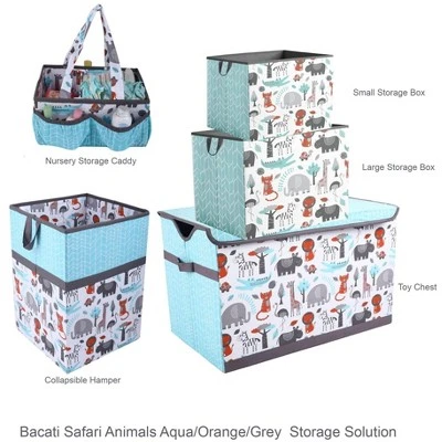 Bacati - Safari Animals Aqua/Orange/Gray Collapsible Laundry Hamper 4 Bacati - Safari Animals Aqua/Orange/Gray Collapsible Laundry Hamper - Image 4